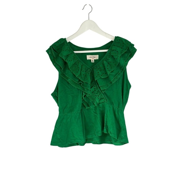 Porridge Clothing Anthropologie Green Lace Ruffle Top Size Medium 100% Cotton - Picture 3 of 5